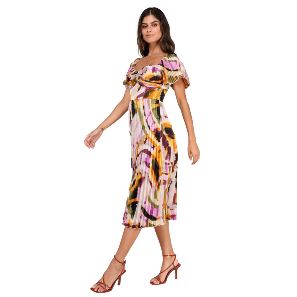 Women's Lulus Multi-color Print Pleated Midi Dress Size S
